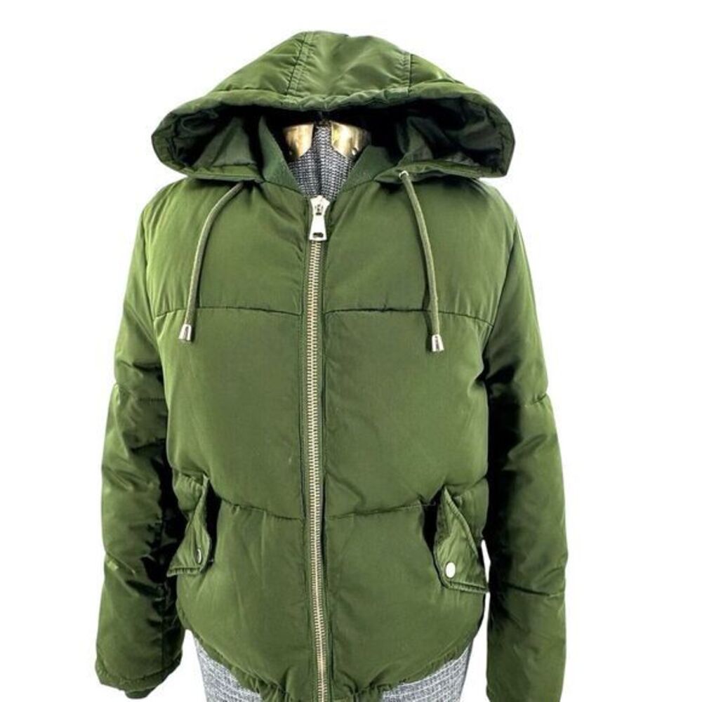 Top Shop Green Puffer Jacket Hooded Gold Zipper NWOT Women's Size US 4 Eur 36